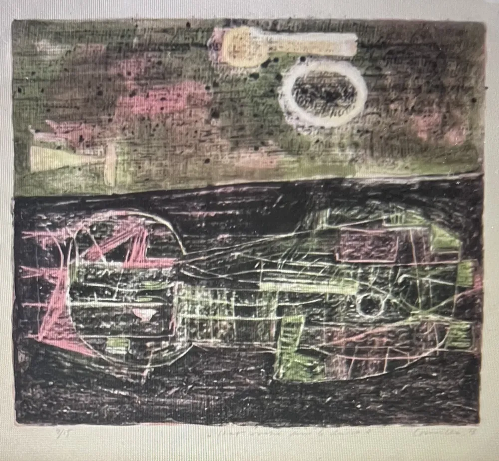 石版画 Corneille -  Lithographie encadrée Chat couché dans le désert 1953