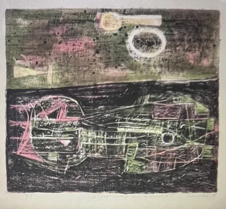 石版画 Corneille -  Lithographie encadrée Chat couché dans le désert 1953