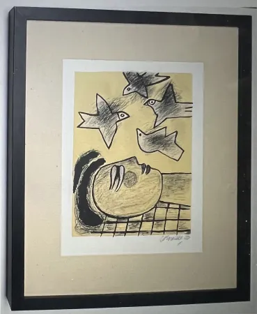 石版画 Corneille - Lithographie encadrée Farandole d'oiseaux - A la plage 2002
