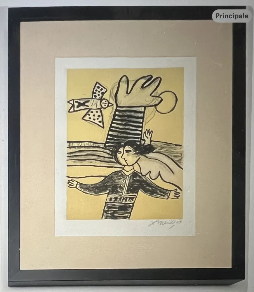 石版画 Corneille - Lithographie encadrée Femme et oiseau  - A la plage 2002