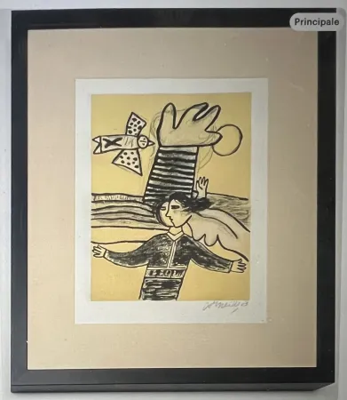 石版画 Corneille - Lithographie encadrée Femme et oiseau  - A la plage 2002