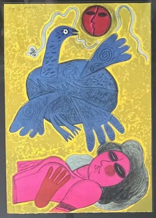 石版画 Corneille - Lithographie encadrée L'oiseau Cobra 1988