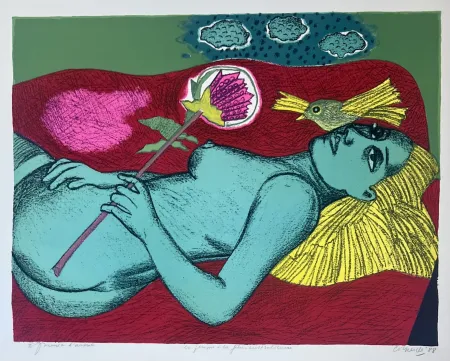 石版画 Corneille - Lithographie Femme à la fleur australienne, 1988