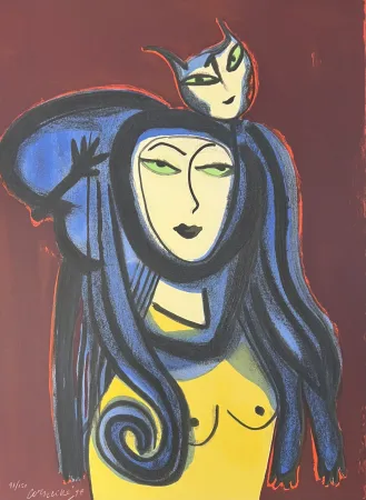 石版画 Corneille - Lithographie Femme au chat 1998