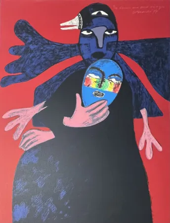 石版画 Corneille - Lithographie Femme aux deux visages, 1977, E/A