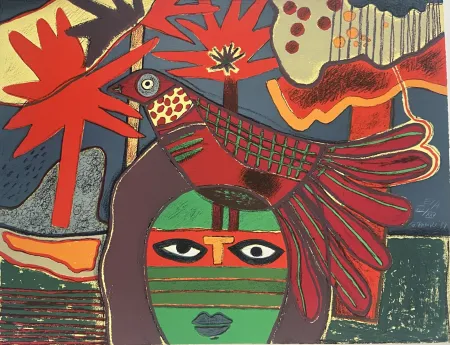 石版画 Corneille - Lithographie Femme et Oiseau à l'arbre rouge 