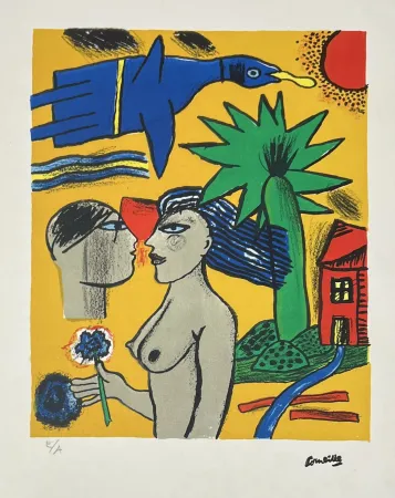 石版画 Corneille - Lithographie Femmes et oiseau, 1998