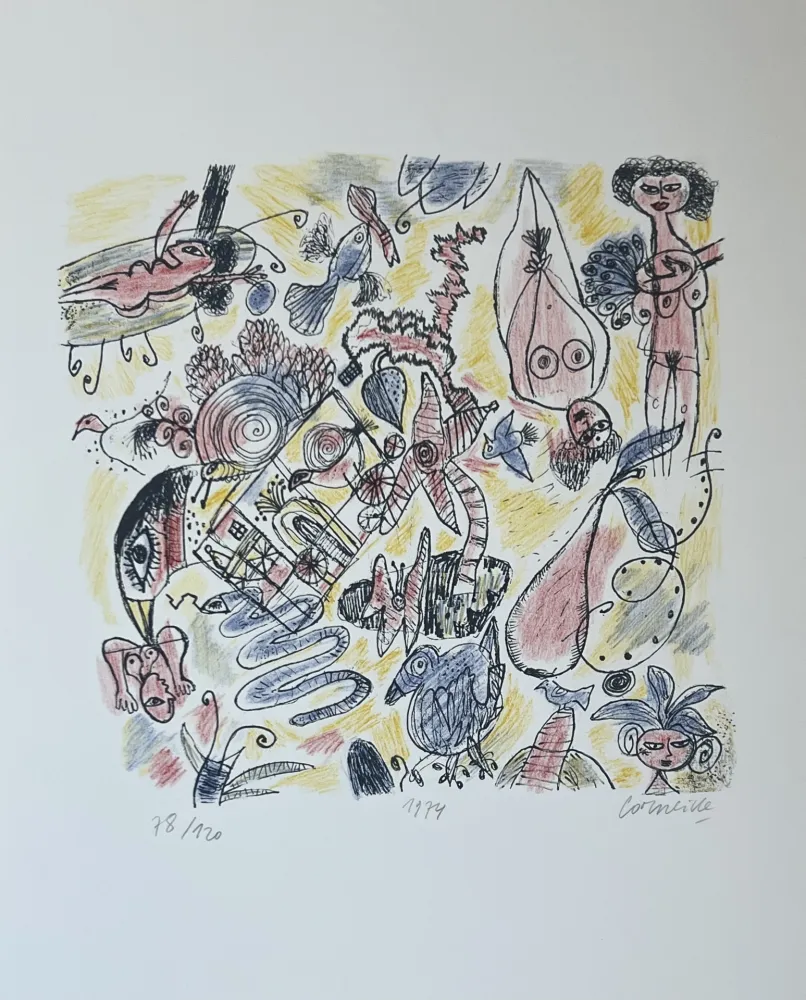 石版画 Corneille - Lithographie Femmes et Oiseaux 1974