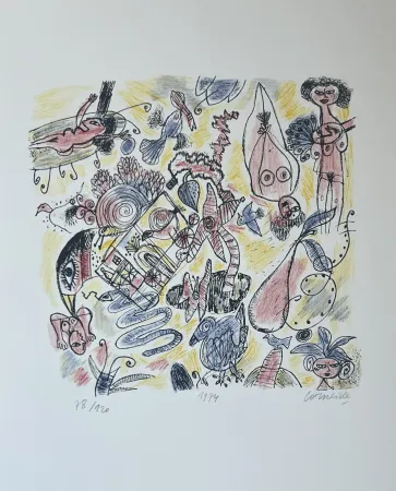 石版画 Corneille - Lithographie Femmes et Oiseaux 1974