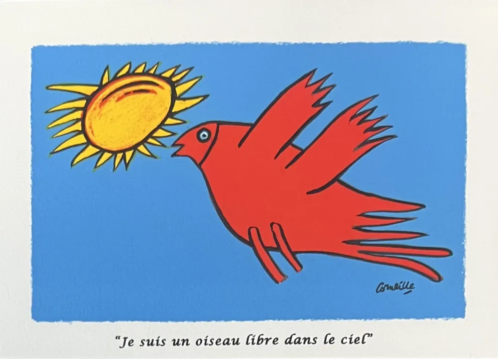 石版画 Corneille - Lithographie Je suis un oiseau libre dans le ciel 