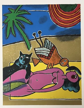 石版画 Corneille - Lithographie Le chat noir, 1999