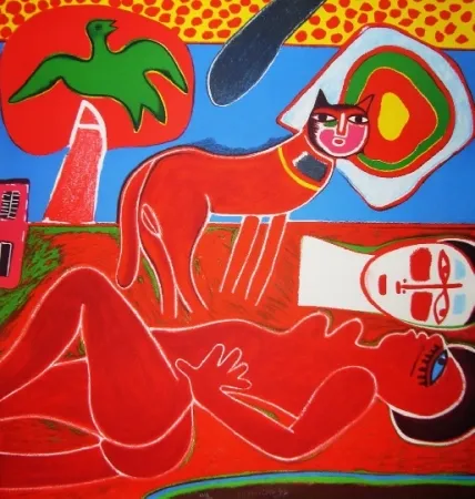 石版画 Corneille - Nu rouge