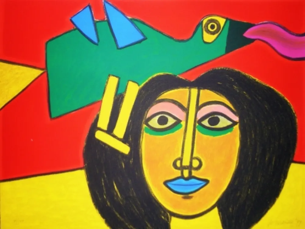 石版画 Corneille - Oiseau vert