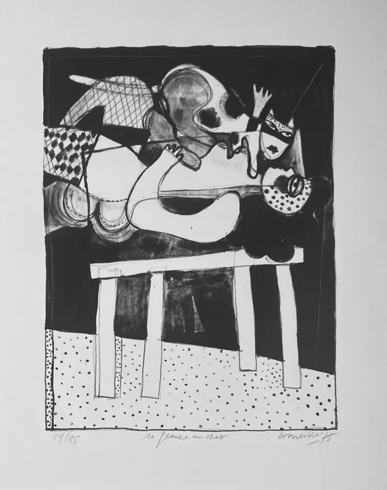 石版画 Corneille - Rare lithographie La femme au chat, 1975 - 15 ex. 