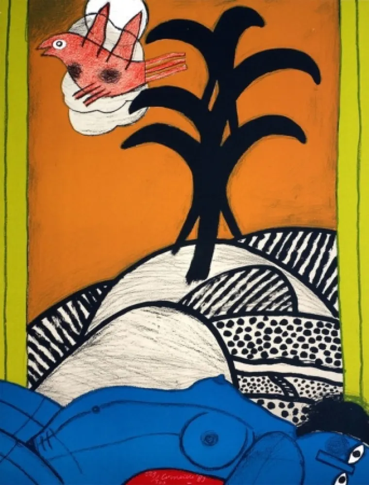 石版画 Corneille - Sans titre ( femme bleue couchée)