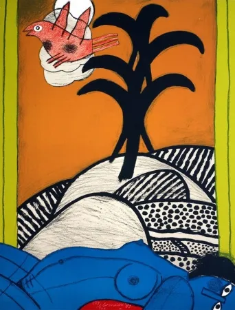 石版画 Corneille - Sans titre ( femme bleue couchée)