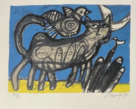 丝网印刷 Corneille - Sérigraphie signée, Chat sur partition de musique , 1990