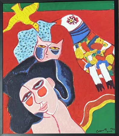 复数作品 Corneille - Terragraphie signée sur toile Femme Chat Oiseau