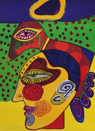 石版画 Corneille - Tête de femme et oiseau pensif