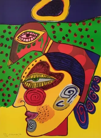 石版画 Corneille - Tête de femme et oiseau pensif