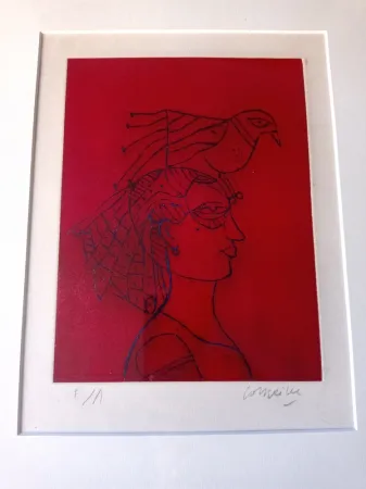 蚀刻飞尘法 Corneille - Woman with Bird, Hand-signed Etching in color