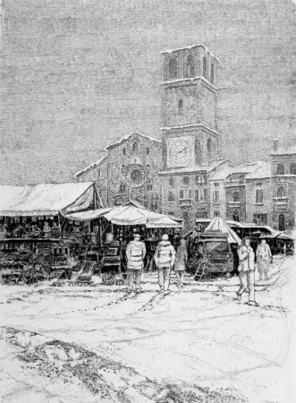 蚀刻版画 Cotugno  - Bancarelle al mercato a Lodi