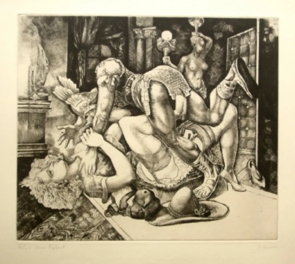 蚀刻版画 Courmes - Dame journaliste bousculée par un personnage comique