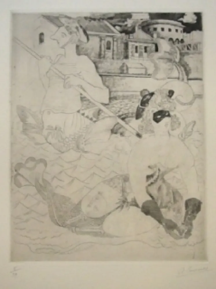 蚀刻版画 Courmes - La Belle et le triton