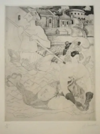 蚀刻版画 Courmes - La Belle et le triton