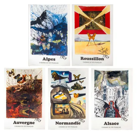 海报 Dali - Alpes, Auvergne, Alsace, Roussillon et Normandie. Suite des 5 affiches pour la SNCF. 1969