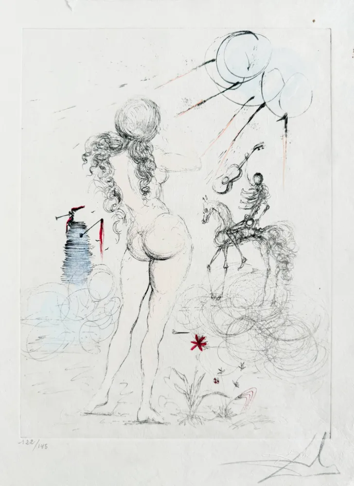 版画 Dali - Femme, cheval et la mort