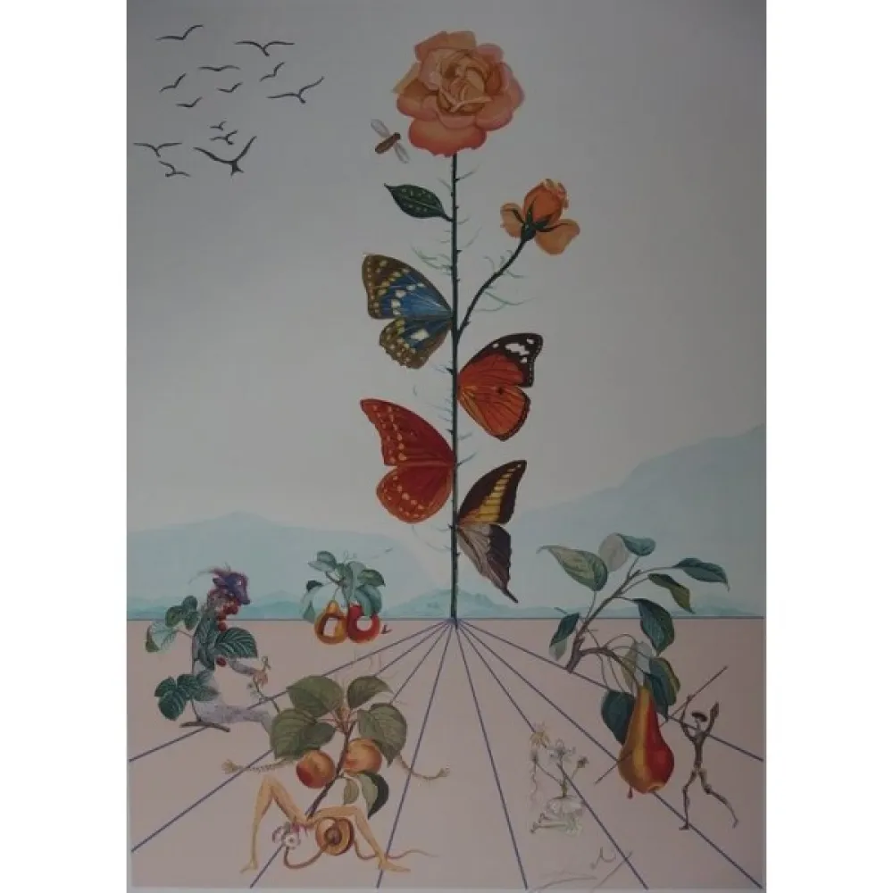 石版画 Dali - Flordali II : la rose papillon