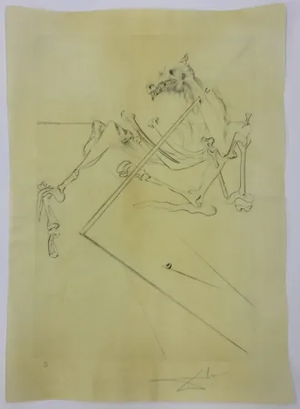 干刻版画 Dali - L soler conchant allonge le squelette noir d'un grand cheval tres grand... la tête est soutien par le fer dune lance