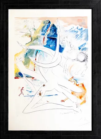 石版画 Dali - L'unicorne laser désintégre les cornes de rhinoceros cosmique (from 'La Conquête du Cosmos')