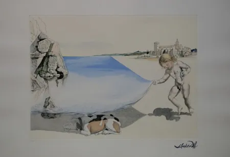 蚀刻版画 Dali - Moi-meme à l'age de six ans, soulevant avec une extreme précaution la peau de la mer pour observer un chien dormant à l'ombre de l'eau