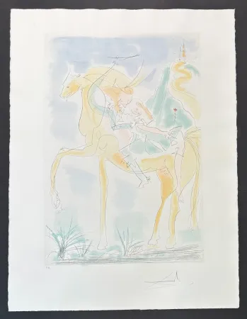 版画 Dali - Salvador Dalì (1904-1989) - Couple à cheval - Drypoint etching with stencil on Rives paper - 1971