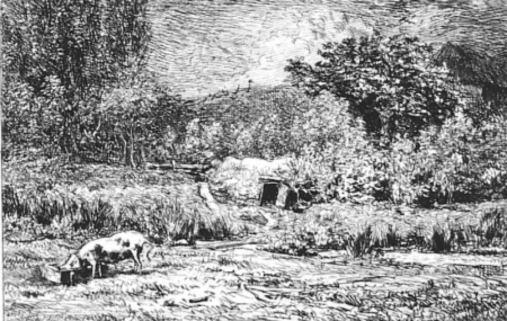 蚀刻版画 Daubigny - Le cochon dans un verger