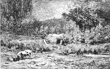蚀刻版画 Daubigny - Le cochon dans un verger