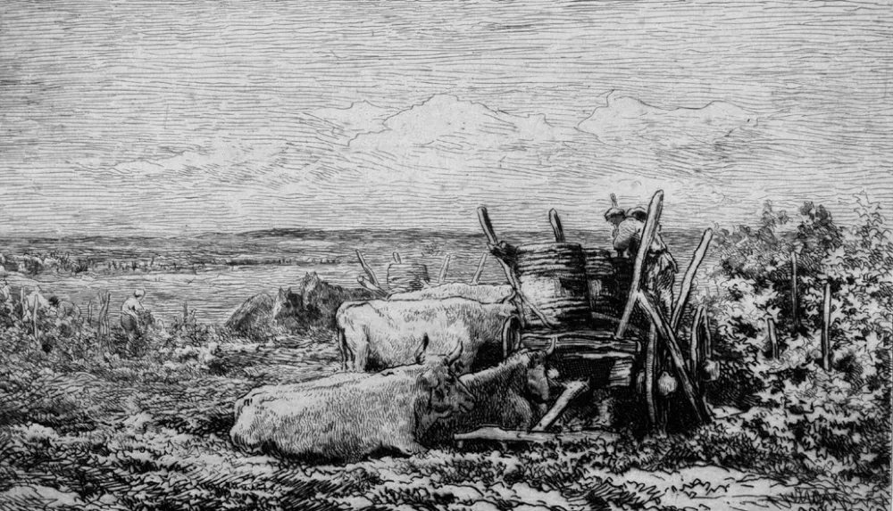 蚀刻版画 Daubigny - Les vendanges. (Souvenir du Morvan)