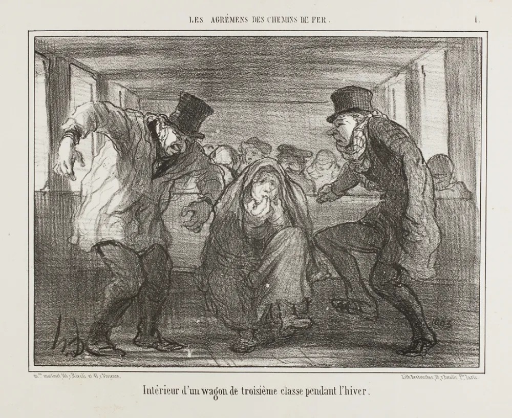 石版画 Daumier - Intérieur d’un wagon de troisième classe pendant l’hiver