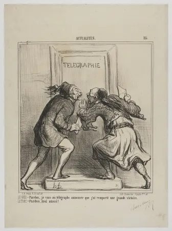 石版画 Daumier - LE GREC - Pardon, je vais au télégraphe annoncer que j'ai remporté une grande victoire. LE TURC - Pardon, moi aussi! 
