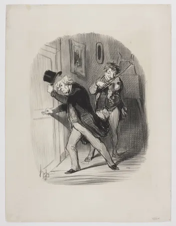 石版画 Daumier - Manière polie de mettre un bourgeois à la porte d'un atelier, lui jouer quarante sept fois de suite l'air de la Monaco. 
