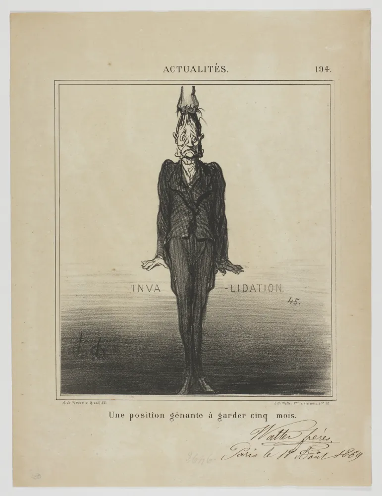 石版画 Daumier - Une position génante à garder cinq mois 