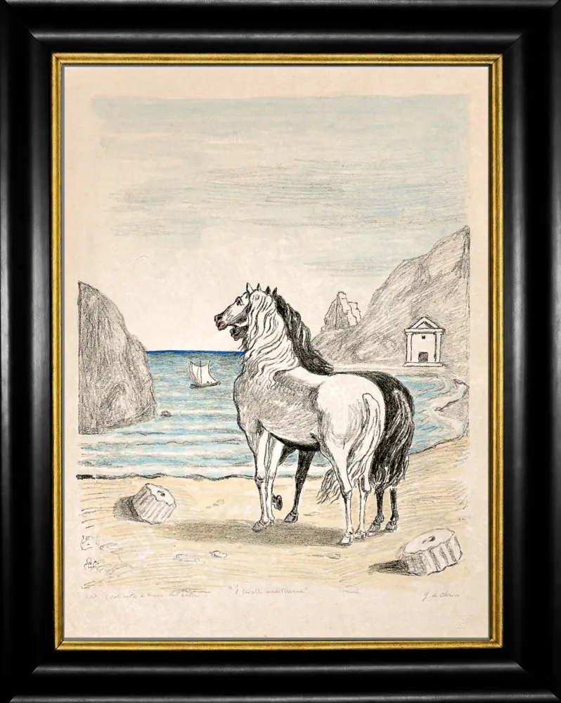 石版画 De Chirico - Cavalli in riva al Tirreno (I cavalli mediterranei)