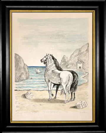 石版画 De Chirico - Cavalli in riva al Tirreno (I cavalli mediterranei)