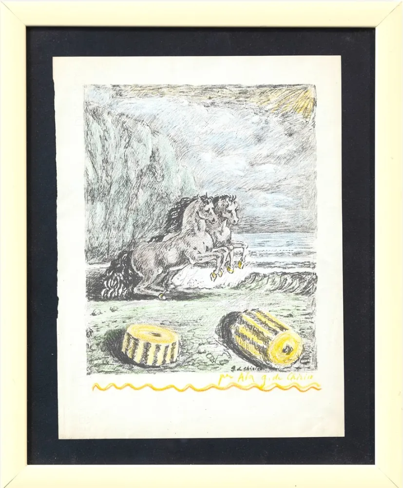 石版画 De Chirico - Cavalli sulla sponda dell'Egeo