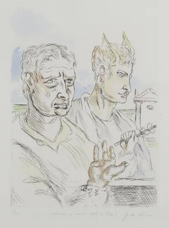 丝网印刷 De Chirico - Giorgio De Chirico (1888–1978) - Autoritratto con mercurio - Hand-colored engraving by the artist - 1969