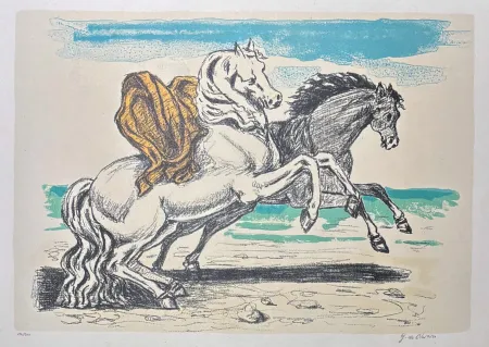 石版画 De Chirico - Giorgio De Chirico (1888–1978) – Cavalli sulla spiaggia – 8-colour lithography – 1970