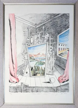 无技术 De Chirico - Giorgio De Chirico (1888–1978) - Interno Metafisico - Watercolour on lithographic base, retouched in pencil and hand-coloured by the artist - 1969