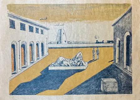 石版画 De Chirico - Giorgio De Chirico (1888–1978) - Piazza d'Italia - Lithograph on straw paper - 1969